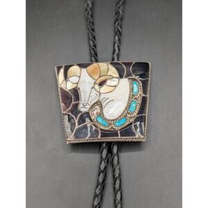 Vintage Zuni Sterling Silver Bighorn Ram Bolo Tie Signed E.A. Zunie Inlay READ